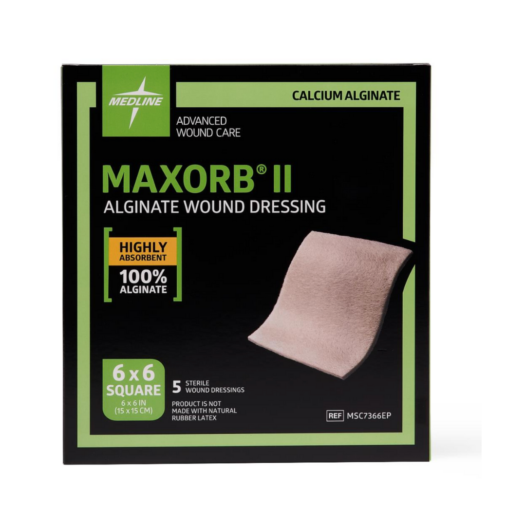 Front of Maxorb II Alginate Wound Dressings - Highly Absorbant box showing product details: 6x6 inch, 5 sterile dressings, highly absorbent calcium alginate for wound care, 100% alginate, latex-free.